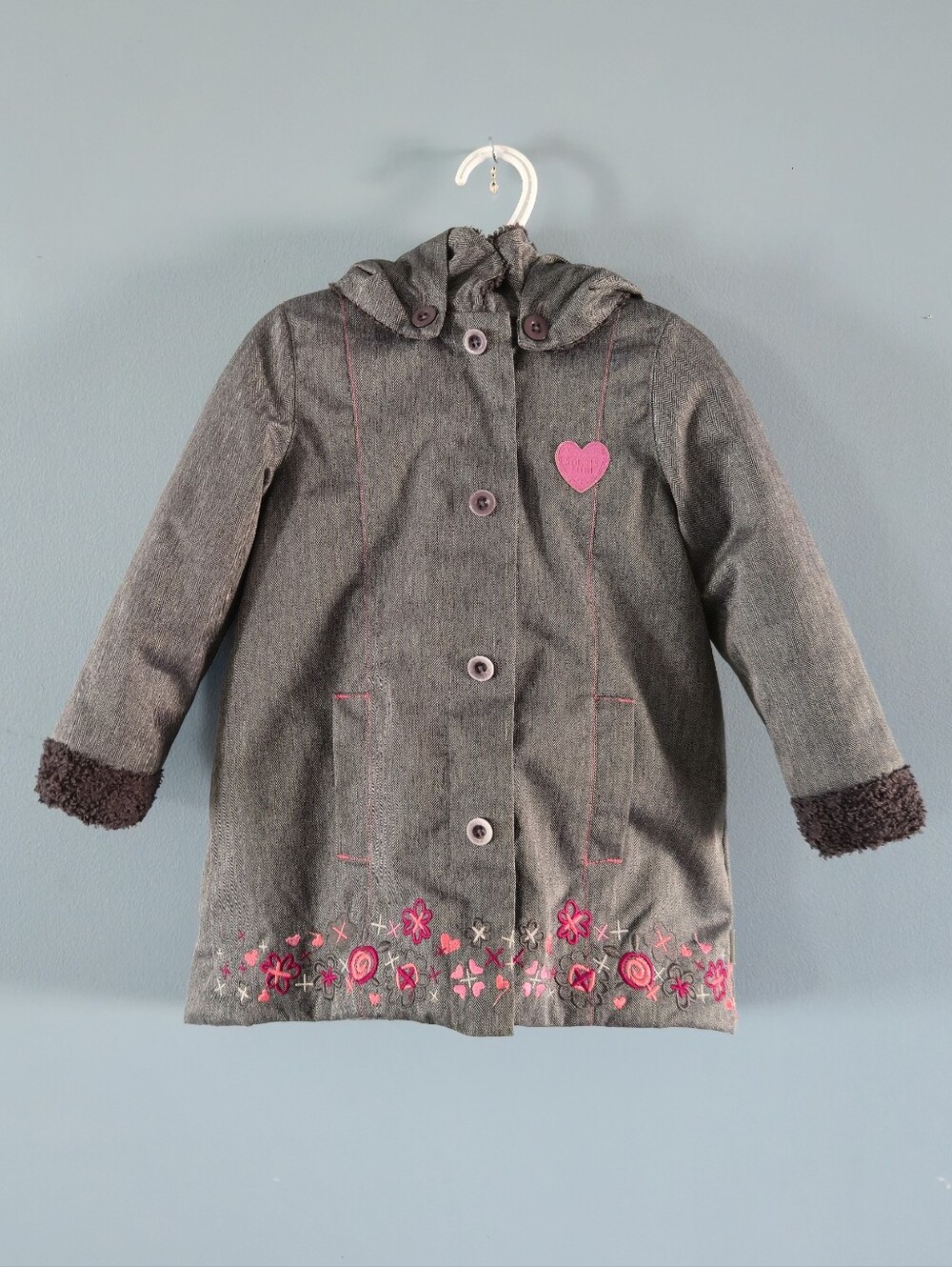 Girls' Gray Hooded Coat with Pink Heart & Floral Embroidery (3T)